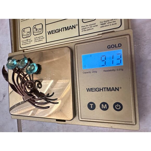 Jay Kel rose gold vermeil sterling silver aqua blue glass rhinestones brooch pin - Picture 11 of 11